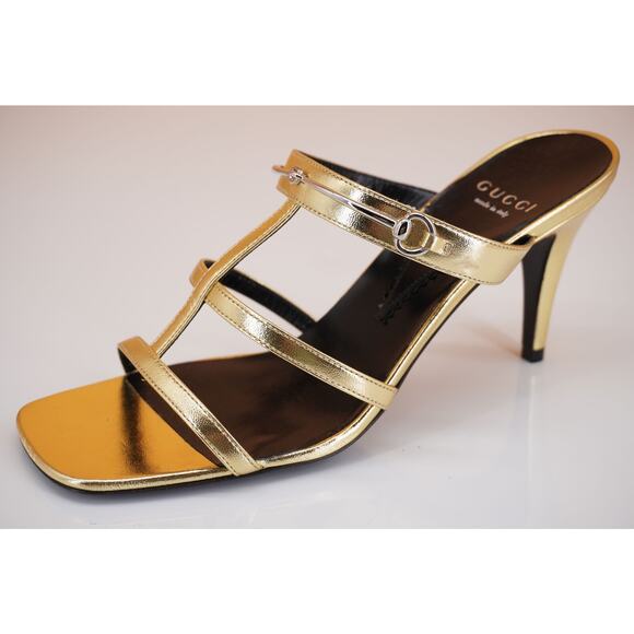 Gucci Divine Gold Silver Strappy Metallic Sandals Size 37 NIB $920 Logo Bit Cage - Picture 6 of 12